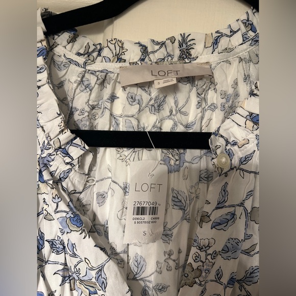 🆕 NWT LOFT Women's Ruffled Short Sleeve Floral Dress Midi Length White/Blue - Picture 9 of 11
